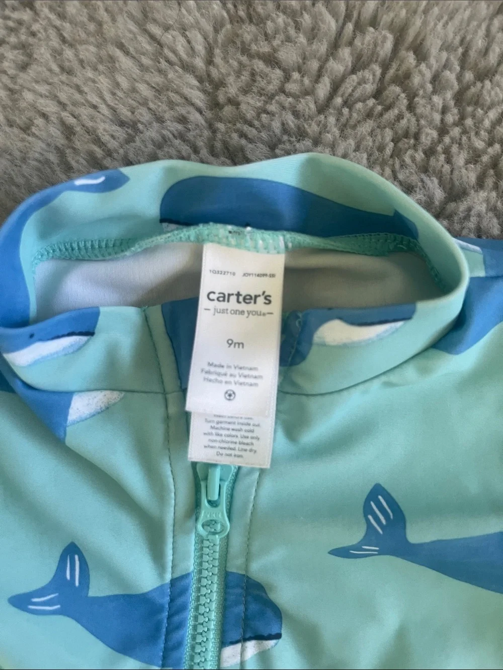 🌈 Carter’s Baby Whale Print Rash Guard One-Piece - Mint & Blue Sz 9M